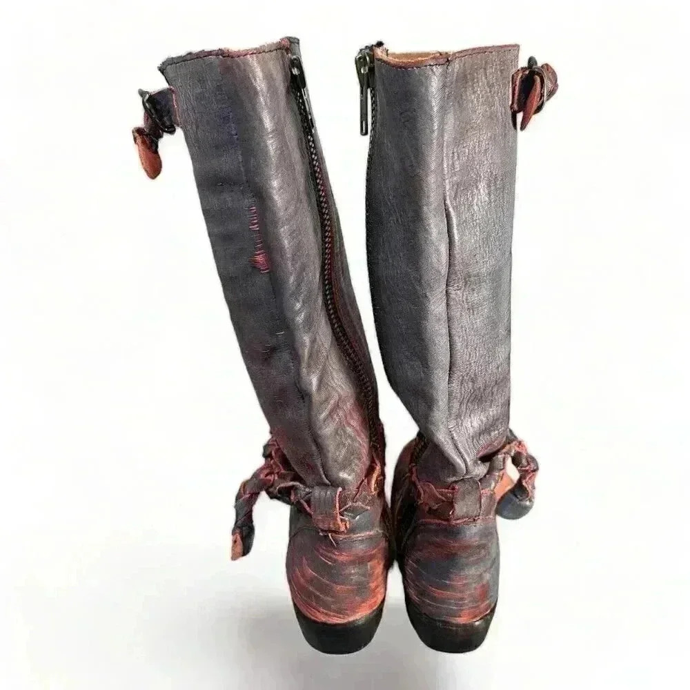Bed Stu Bovine Boots Blueish Gray Rustic Red 6 Distressed Tall Woven Tie Zip - Picture 6 of 9